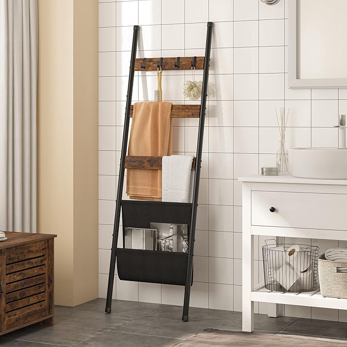 HOOBRO Blanket Ladder, 5 Tier Towel Rack, 17.3" L x 63" H, Wall-Leaning Blanket Rack for Living Room, Decorative Ladder with 