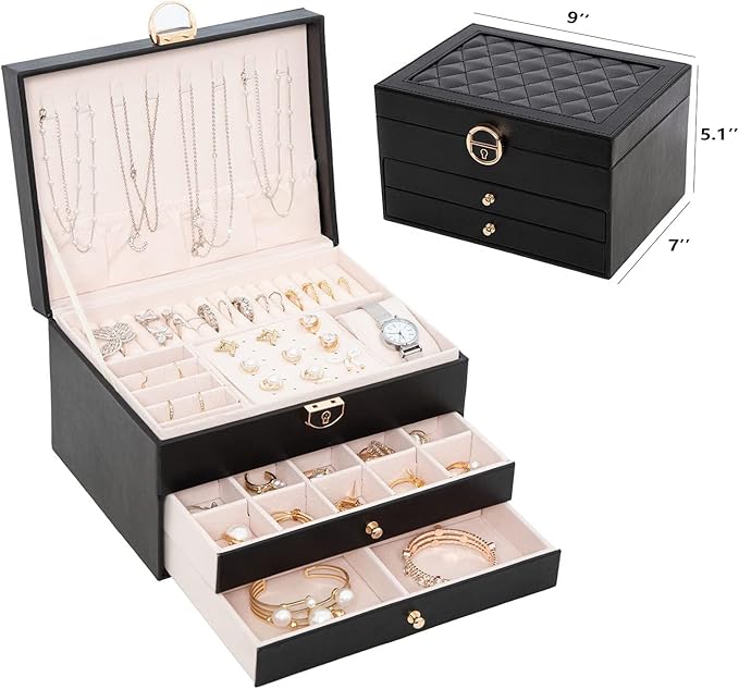 GUOER Jewelry Box for Women Girl Wife 3 Layers Large PU Leather Jewelry Organizer Storage Case with Two drawers Display for E