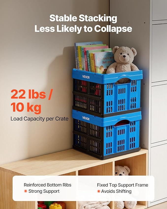 VEVOR Plastic Collapsible Storage Bins, 25L 3 Packs, Stackable Folding Storage Crates with Handles, Holds 22 lbs Per Bin, Fol