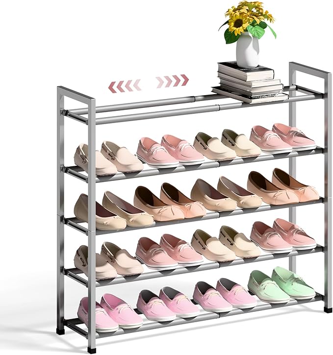 Bumusty 5-Tier Expandable Shoe Rack for Closet, 18“-33” Adjustable Shoe Rack for Small Space, Small Shoe Organizer for Front 