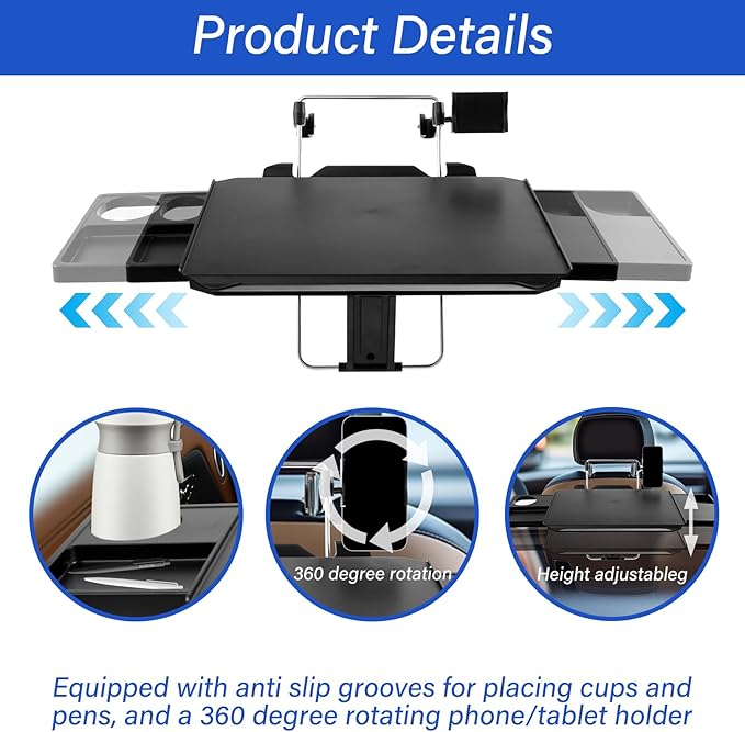 Large Car Steering Wheel Tray, Adjustable Back Seat Headrest Tray, Laptop Mount Steering Wheel Desk with Drawer, Car Tray Cup Slot and Tablet Slot with Phone Holder for Large SUV,Truck,Van