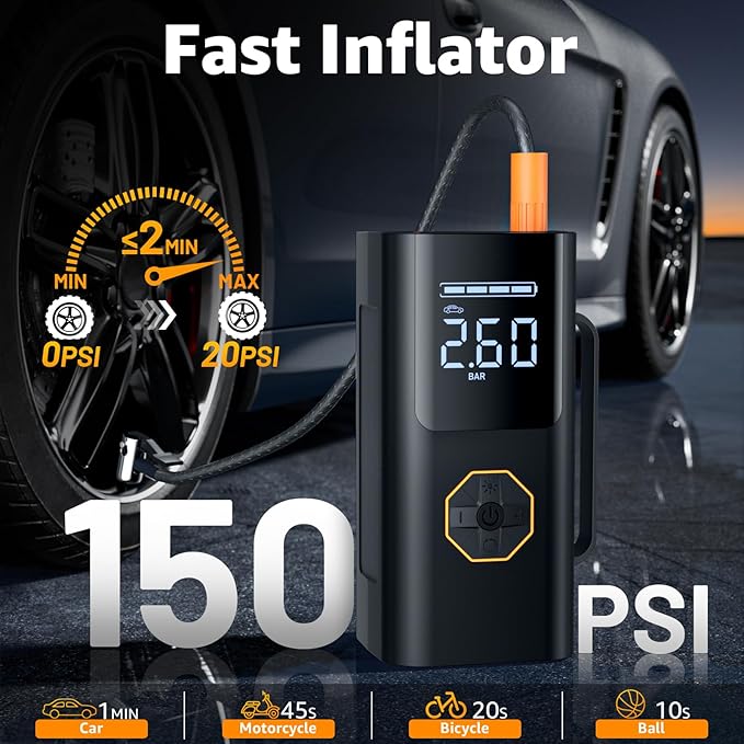 Portable Jump Starter with Air Compressor - 12V Car Battery Jumper Starter Box 5500A (All Gas/12L Diesel) 9-in-1 with Air