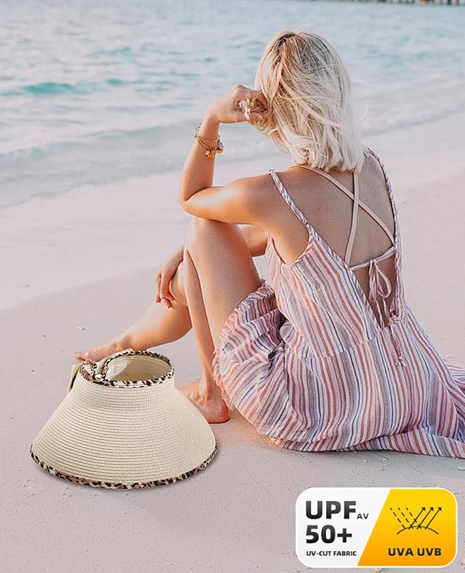 Sun Visor Hat for Women, Wide Brim Straw Summer UV Protection Hat, Foldable Roll-up Packable Beach Cap