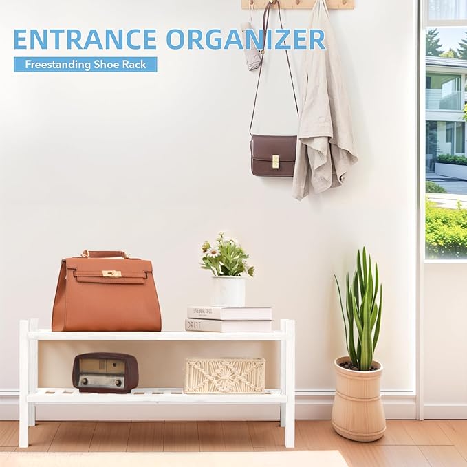 2 Tier Bamboo Shoe Rack Storage Organizer for Closet, Multifunctional Stackable Free Standing Shoe Shelf Organizer for Small 