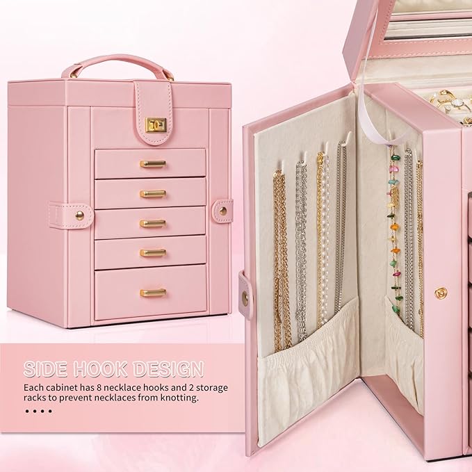AKOZLIN Large Jewelry Box Organizer Functional with Big Mirror, Leather Jewelry Storage Case for Women Girls Ring Necklace Ea