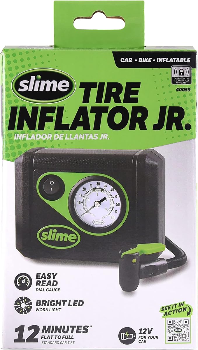 Slime 40059 Tire Inflator, Junior, Compact, Powerful, Portable Car Air Compressor, Lightweight, Analog, Flat Tire Repair, 12V, 12 min Inflation