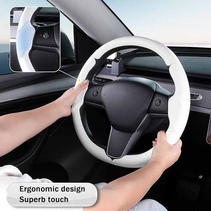 Steering Wheel Cover for 2017-2023 Tesla Model 3 2020-2024 Tesla Model Y, Leather Steering Wheel Cover for Tesla Model 3/Y Accessories, White