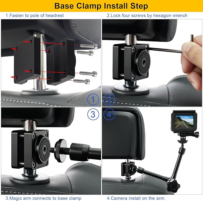 Car Headrest Camera Mount for GoPro/Insta 360/DJI OSMO/AKASO/Video/DSLR, 1.57 inch Diameter Base 10 inch Length Magic Arm, Aluminum Alloy Adjustable Camera Holder, Black