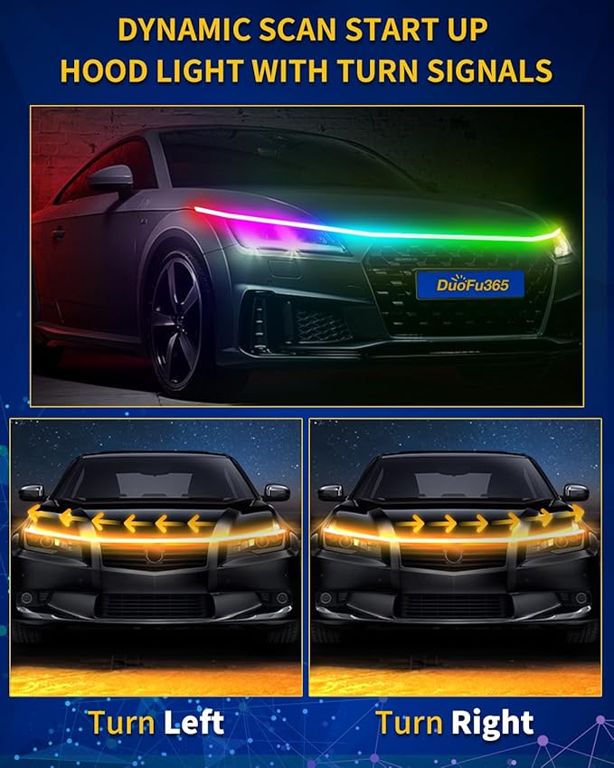 Exterior Car LED Hood Light Strip,RGB Multicolor Dynamic Scan Start Up Hoodbeam Kit with App & Remote Control, 12V Updated Waterproof Hood Glow Lights for Cars, Trucks,SUV(79 Inch)