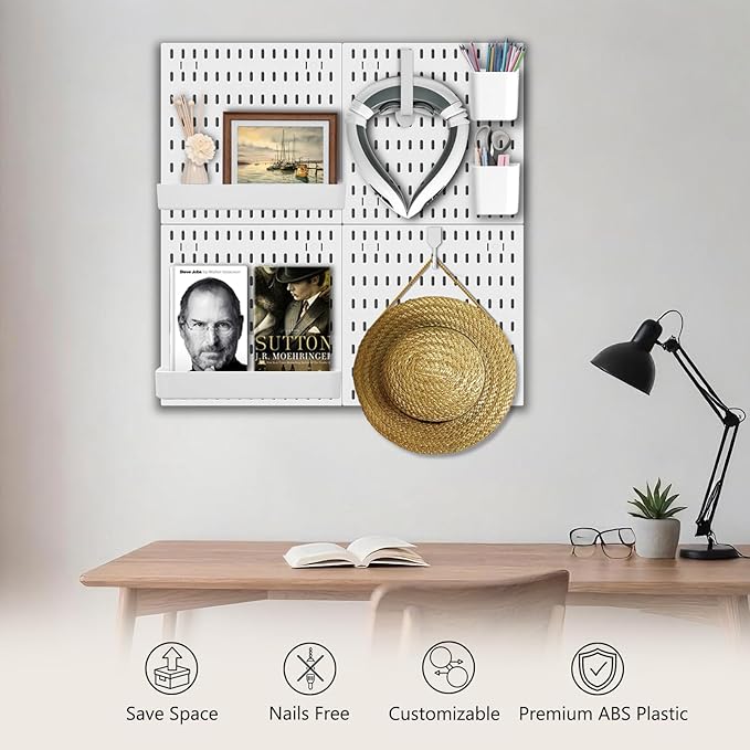 Wall Organizer Pegboard Kit, Wall Control Peg Board with 18 Pcs Accessories, 4 Pack Plastic Wall Mount Display Storage Panels