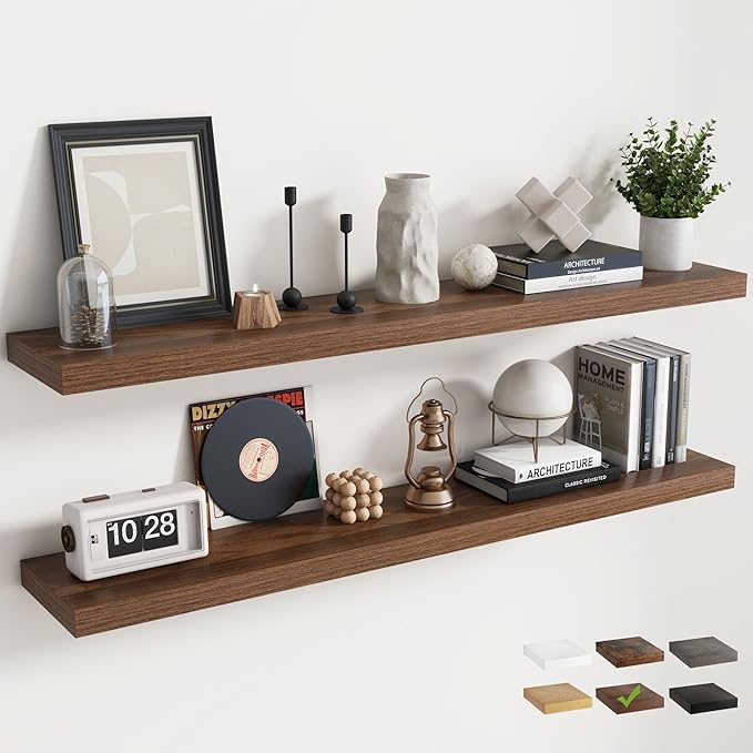 55 Inch Floating Shelves for Wall Set of 2, 8"D Wood Grain Bathroom Shelves with Invisible Brackets, Easy Install Engineered 