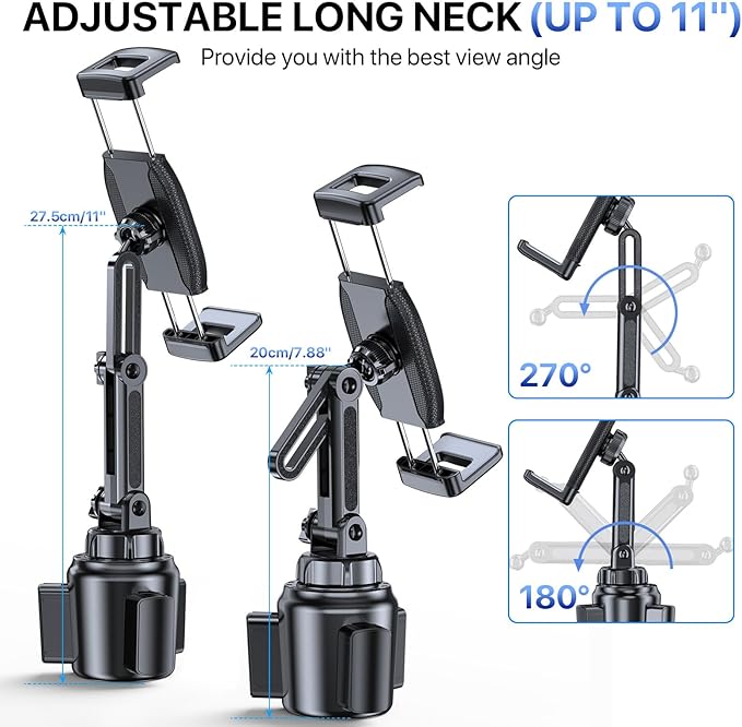 Miracase [2025 Latest Upgraded Cup Holder Tablet Mount for Car, [High-Rise Clamp Arm] Adjustable Long Neck Car Tablet Holder Compatible with iPad, Pro, Air, Mini & All 6.1-12.9" Tabs