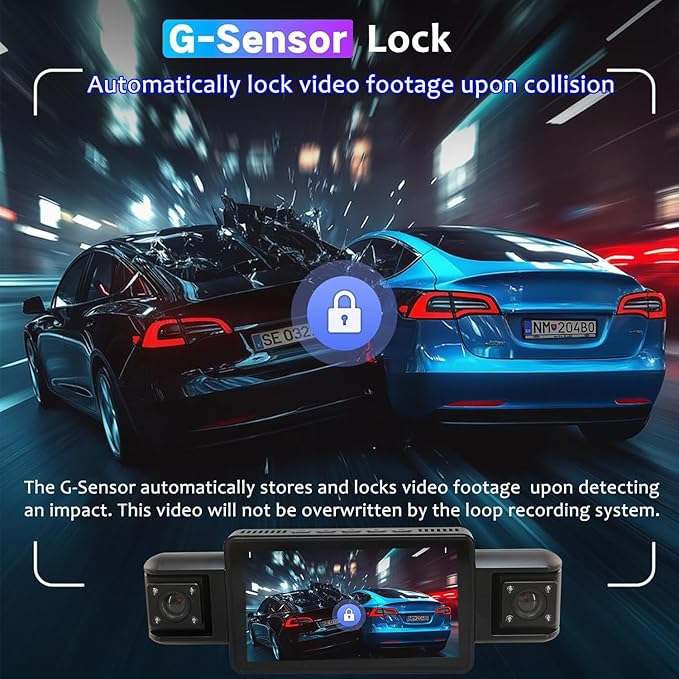 4 Channel 4K Dash Cam Front and Rear Inside, 360° View 1080P Dash Camera for Cars, Super Night Vision, Gravity Sensor, Loop R