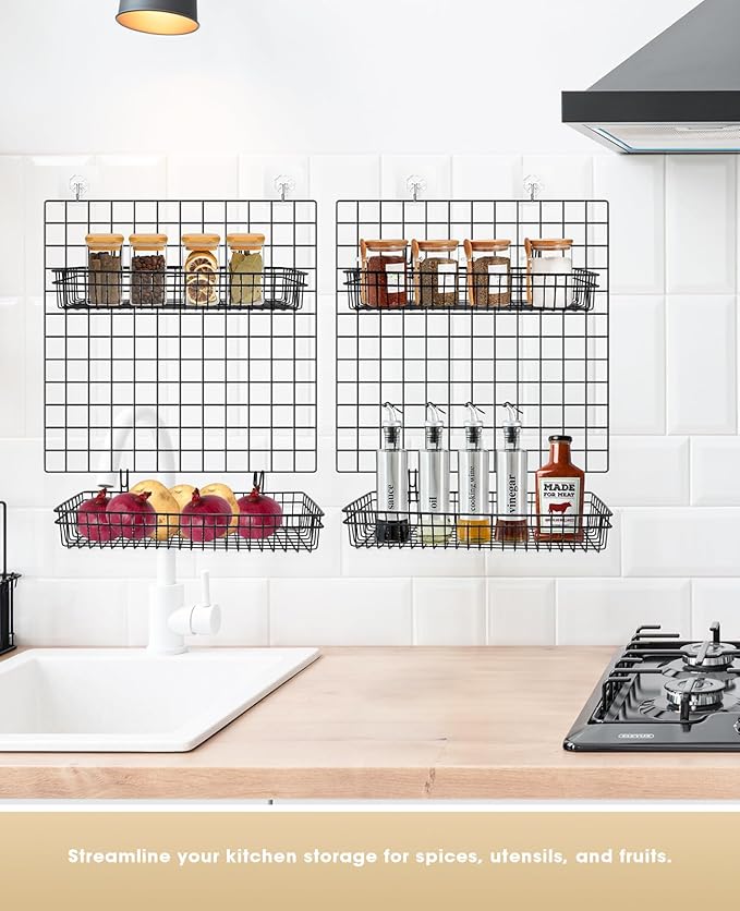 ANZOME 2 Pcs Metal Grid Wall Baskets with Hooks - Black Hanging Wire Basket Grid Wall Shelves - Multi Function Storage Organi