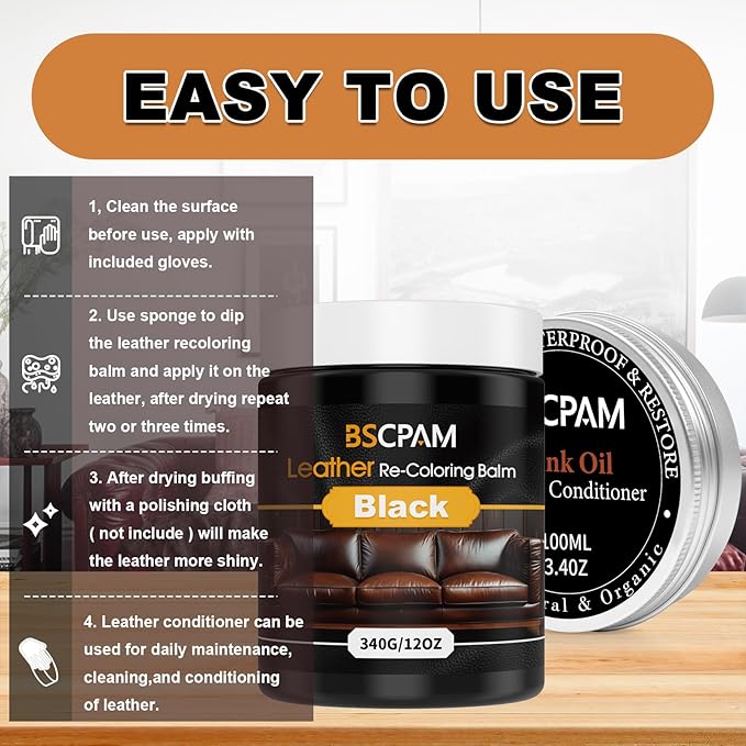 12oz Leather Recoloring Balm & 3.4oz Mink Oil Leather Conditioner kit,Black Leather Color Repair Kits for Couches, Leather Co