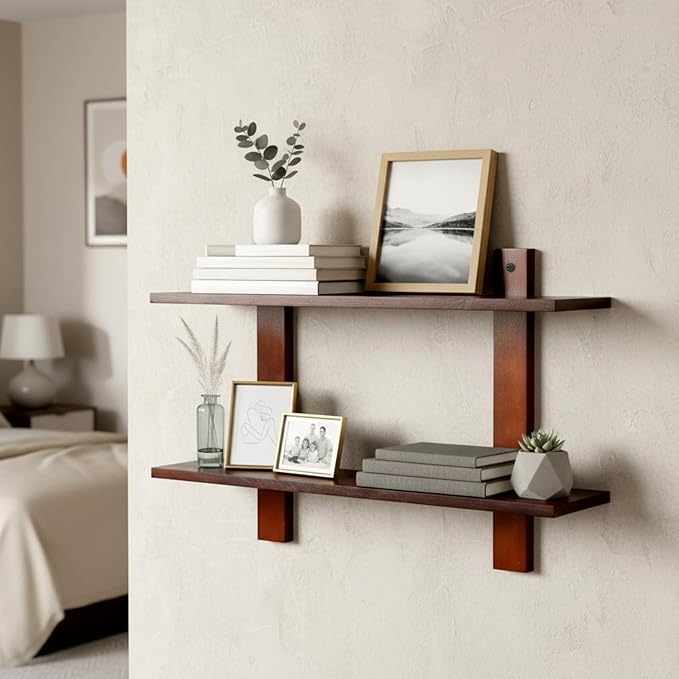 Floating Shelves for Wall Set of 2 Long 2 Tier Wood Wall Mounted Shelves Mid Century Modern Decorative Storage Plant Photo Di