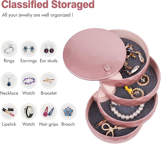 CONBOLA Travel Jewelry Case Box, Small Jewelry Organizer Earring Holder for Women, 5-Layer Rotating Jewelry Storage Tray with