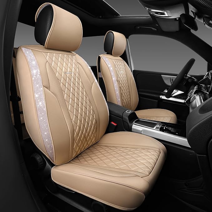 CAR PASS Beige Leather Bling Car Seat Covers Full Set, Luxury Microfiber Nappa PU Cushioned, Waterproof Anti-Slip Universal F