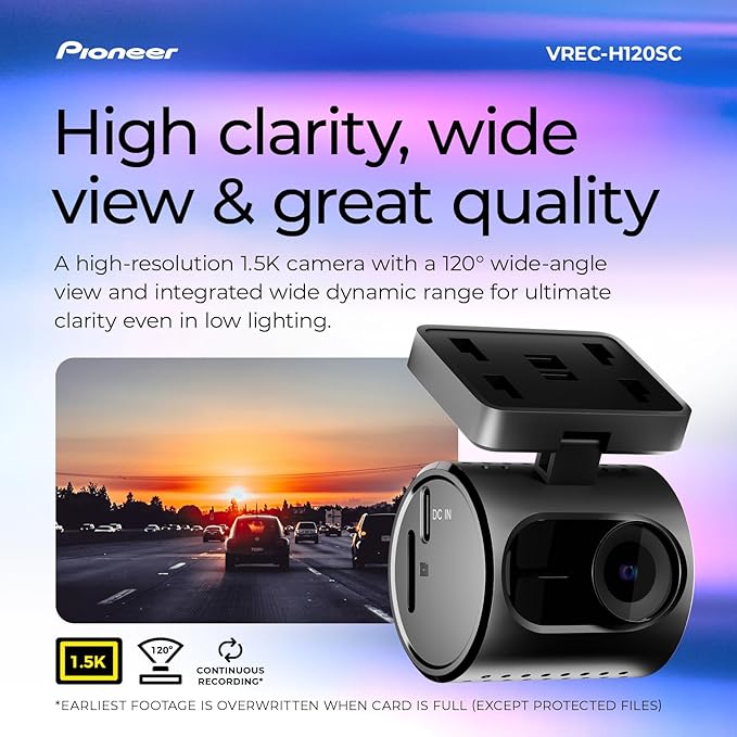 Pioneer VREC-H120SC Compact Dash Camera – Discreet 1.5K Resolution Front Dash Cam for Cars with Impact Detection, 120 Degree 