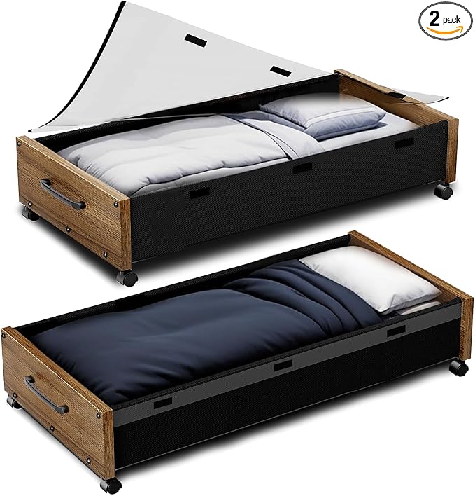 Under Bed Storage with Wheels, 2 Packs Wooden Storage Containers Extra Large Underbed Shoes Organizer, Rolling Under Bed Stor