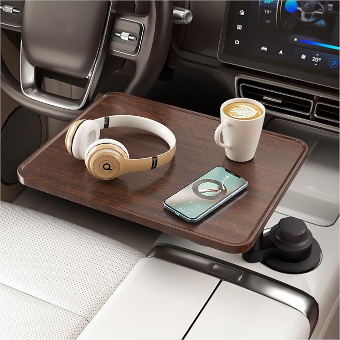 Car Desk for Laptop, Cup Holder Table with 360° Rotation - Wooden Car Laptop Mount, Car Table & Car Food Tray Compatible with Tesla Model Y/3/S & Most Vehicles