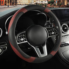 Microfiber Leather Steering Wheel Cover, Breathable, Anti Slip, Universal 15 inch, Black with Burgundy
