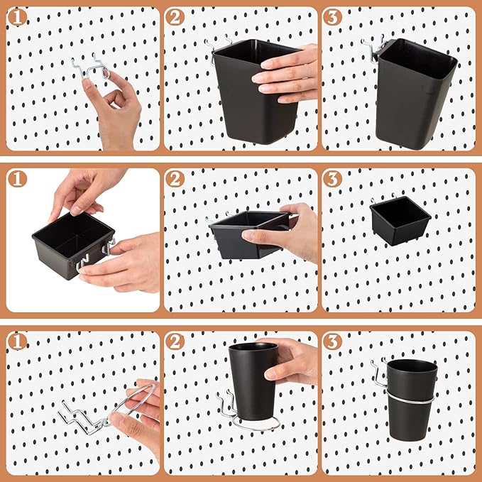 Jinei 12 Pcs Pegboard Bins and Cups with Hooks and Loops Peg Assortment Organizer Accessories Various Tool Organizer Pegboard