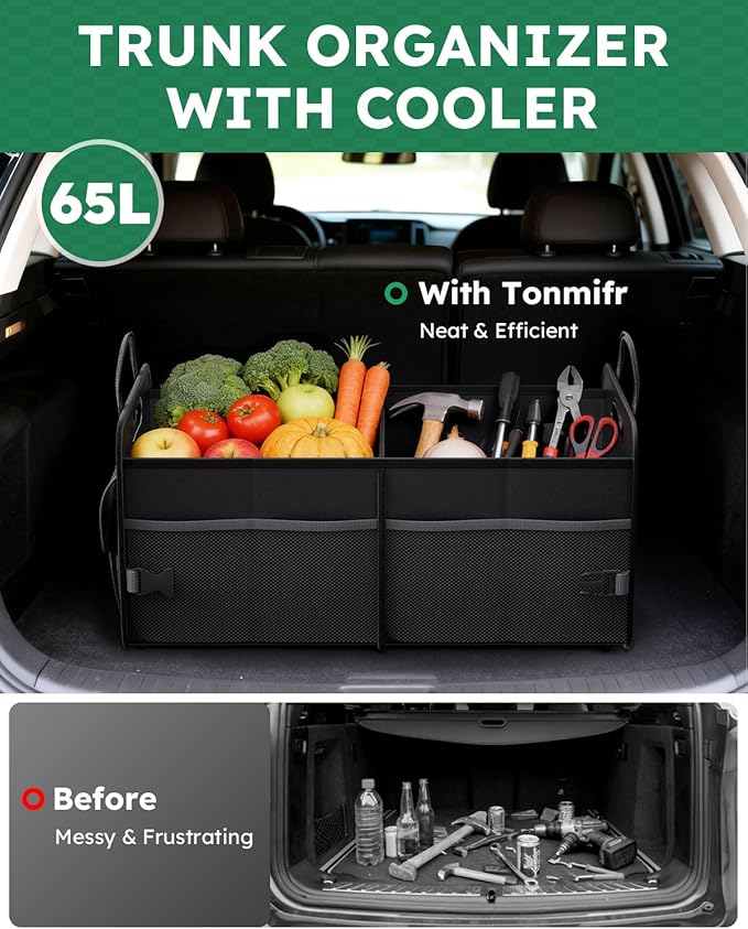 2-Compartment Trunk Organizer & Multi-Compartment Storage Box 600D Waterproof Oxford, with Reflective Strips and 8 Side Mesh