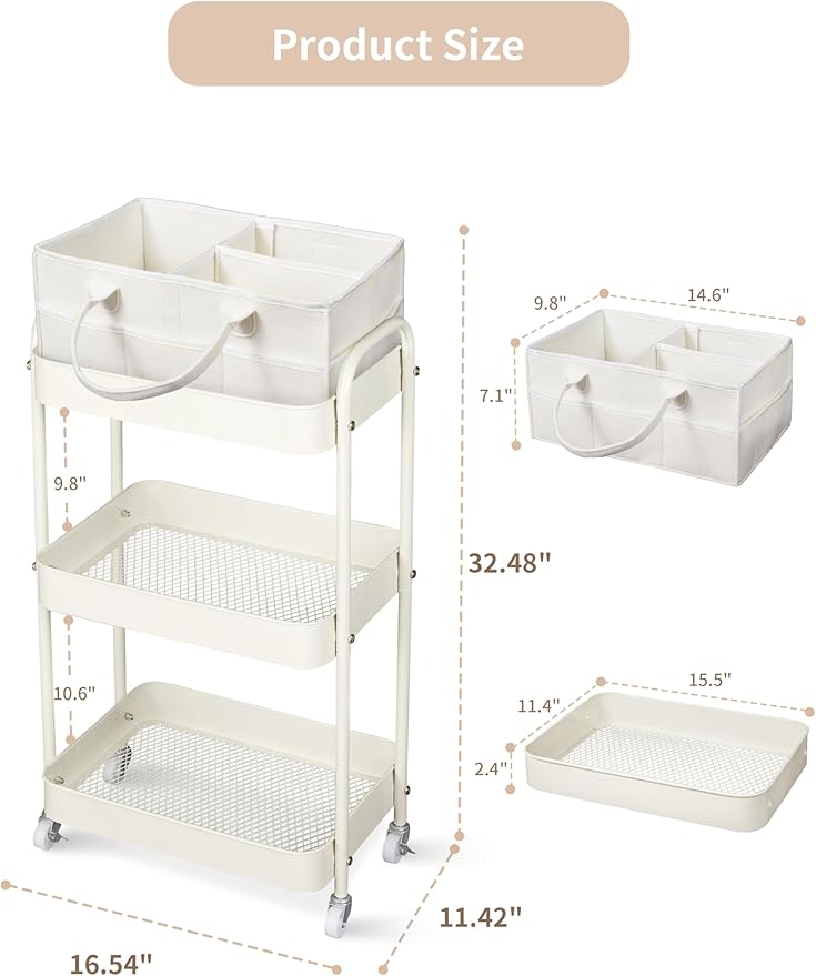 Fortella Baby Diaper Caddy, 3 Tier Rolling Storage Cart for Baby Essentials, Diaper Cart with Detachable Dividers, Storage Or