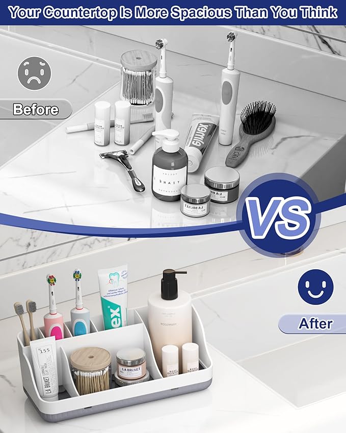 Bathroom Counter Organizer and Storage, 7 Slots Detachable Toothbrush Holders for Bathrooms, Anti-Slip Electric Toothbrush an