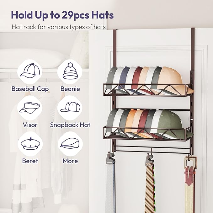 SWTYMIKI Over Door Hat Organizer - 3 Tier Wall Mounted Hat Rack with 2 Adjustable Metal Basket and 3 Hooks, Hanging Baseball 