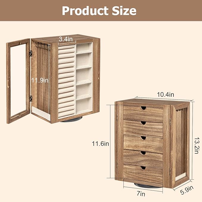 Emfogo 360° Rotating Jewelry Box for Women, Rustic Wooden Jewelry Organizer Box with 5 Drawers, Glass Doors, Vertical Open De