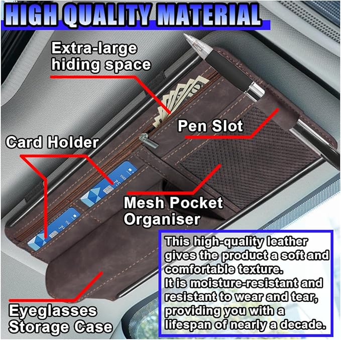 Car Sun Visor Organizer, Leather Multi-Pocket Glasses Card Holder with Zipper, Waterproof Scratch-Resistant Sunshade Storage Bag, Universal Auto Interior Accessory for Car/Truck/SUV (Brown)