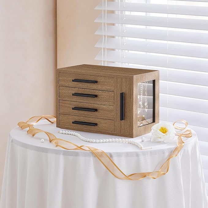 HOOBRO Jewelry Box for Women, Wooden Jewelry Organizer with Transparent Window, 4-Layer Jewelry Organizer Box, Jewelry Holder