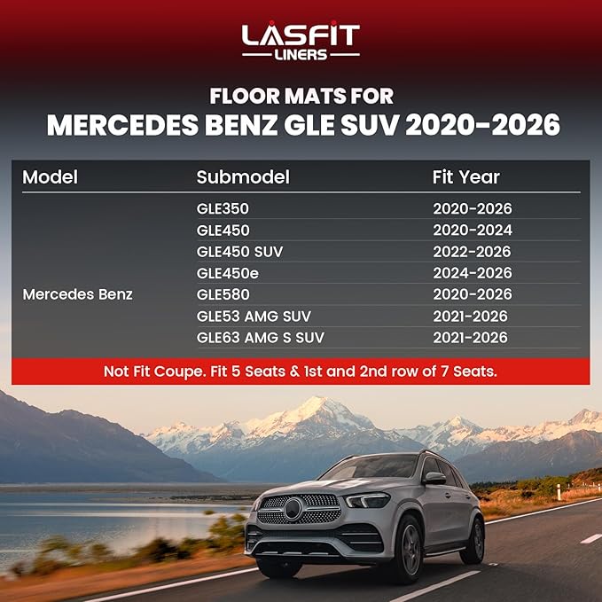 LASFIT Floor Mats for Mercedes Benz GLE SUV 2020-2026 350/450/ 53 AMG (Not Fit Coupe; Fit 5 Seats), All Weather TPE Anti-Slip Floor Liners Custom Fit GLE Car Mats, 1st & 2nd Row Set, Black