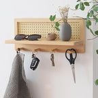 FRIADE PE Rattan Coat Rack Shelf Wall Mounted with 4 Hooks, Decorative Coat Hook Rack with Floating Shelf for Entryway, Nurse
