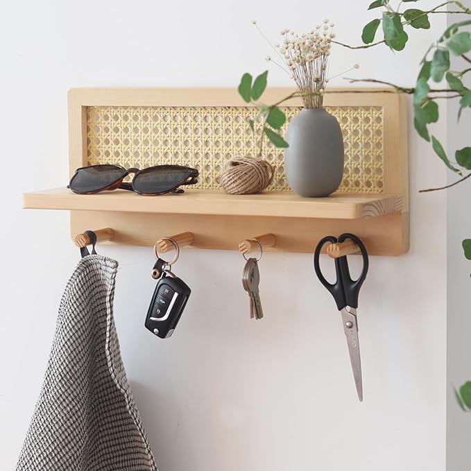 FRIADE PE Rattan Coat Rack Shelf Wall Mounted with 4 Hooks, Decorative Coat Hook Rack with Floating Shelf for Entryway, Nurse