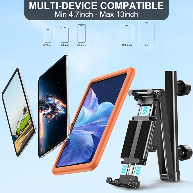 Car Headrest Tablet Holder - [Zinc Alloy Lockable Arm][Foldable Clip] Universal Car Tablet Mount Backseat, Car Accessories for Kids, for iPad Pro, Air, Mini, Galaxy, Fire HD, 4.7-13" Tablets