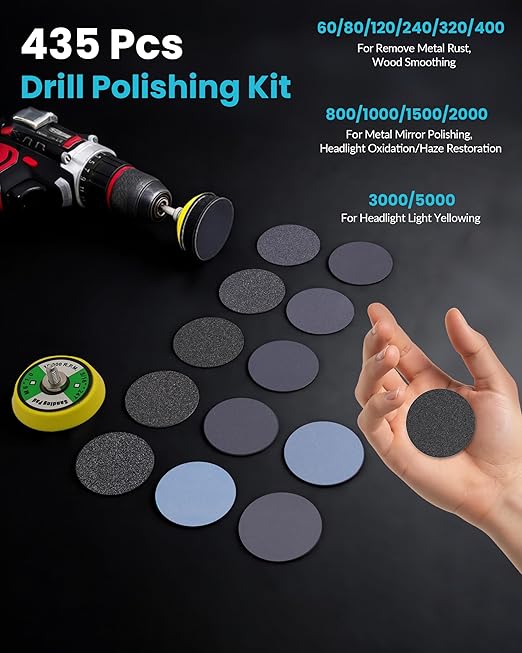 435 PCS 2 Inch Wet Dry Sanding Discs, Drill Polishing Kit with 60 to 5000 Grit Hook and Loop Sandpaper Assortment for Dremel 