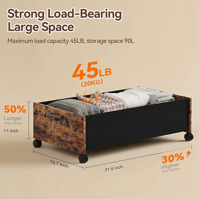 Under Bed Storage with Wheels, Wooden Under Bed Drawers On Wheels, Rolling Under Bed Shoe Storage, Space Saving, Rustic Brown