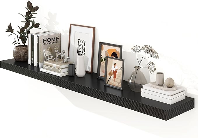72 Inch Black Floating Shelf | 12 Inch Deep Floating Shelves Set of 1 | 72" D x 12" D Rustic Wood Shelves for Wall | Deep Bla