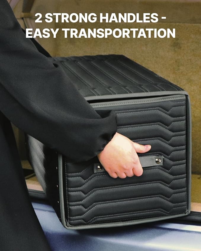 Owleys Trunk Storage 17.7" Collapsible Crate For Groceries, Tools & Travel Gear - Eco-Leather Car Organizer With Magnetic