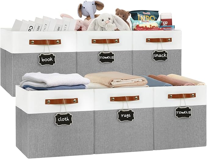 13x13 Storage Cubes 6-Pack, Large Foldable Fabric Cube Storage Bin with Reinforced Bottom and Labels, Organizer Baskets for S