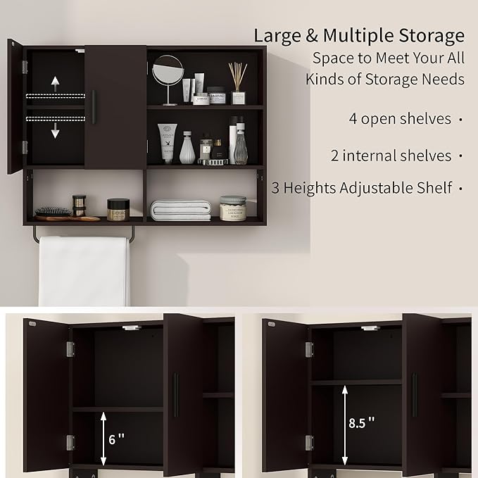 Medicine Cabinet, Wooden Bathroom Wall Cabinet with 2 Doors, Adjustable Shelves & Towel Bar, Over Toilet Storage Cabinet Wall