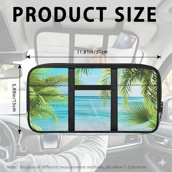 Palm Tree Beach Car Sun Visor Organizer with Multi-Pocket Car Sun Visor Storage Bag Easy to Store and Install Universal Fit for Most Cars SUV