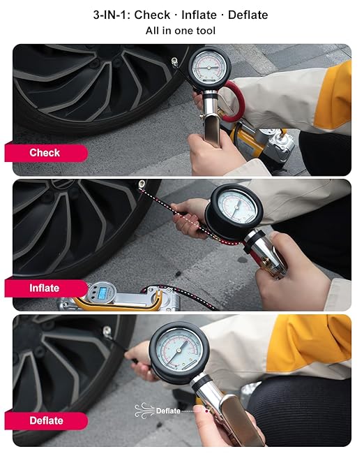 ATsafepro Tire Inflator with Gauge, 10-160 PSI, 12-Inch Extended Straight Air Chuck with Pressure Gauge for Dual Wheels, 1/4 NFT & Quick Plug, Tire Pressure Checker for Trucks, RVs, Trailers
