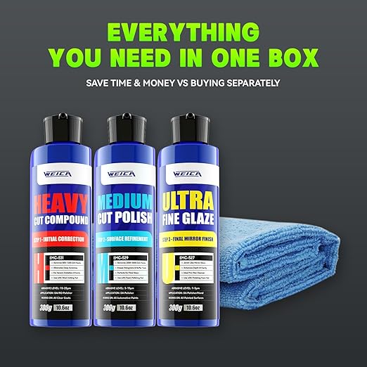 3-Step Rubbing Polish Kit 32oz - Heavy Cut Rubbing, Medium Polish & Ultra Fine Glaze - Scratch & Swirl Remover - Safe All Car Paint - by WEICA