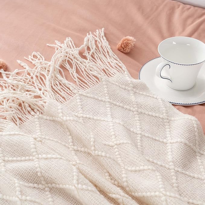 BATTILO HOME Cream Throw Blanket for Couch, Boho Bedroom Decor Throws, Decorative White Throw for Sofa Living Room, 50"x60"