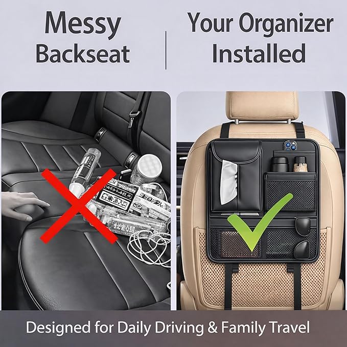 Car Seat Back Organizer with 5 Pockets, Backseat Storage Organizer for Travel, Water-Resistant, Easy Install, Keeps Car Tidy