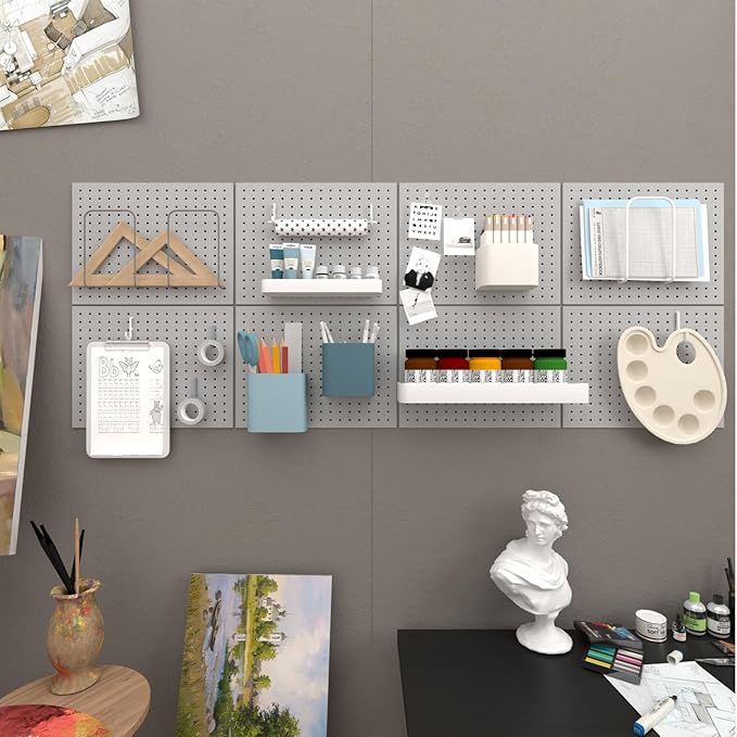 Peg Board,4 Pack Metal Pegboard Panels with 8 hooks,PegBoard Wall Organizer,16"x12" Steel PegBoard for Walls,Tools,Garage,Off